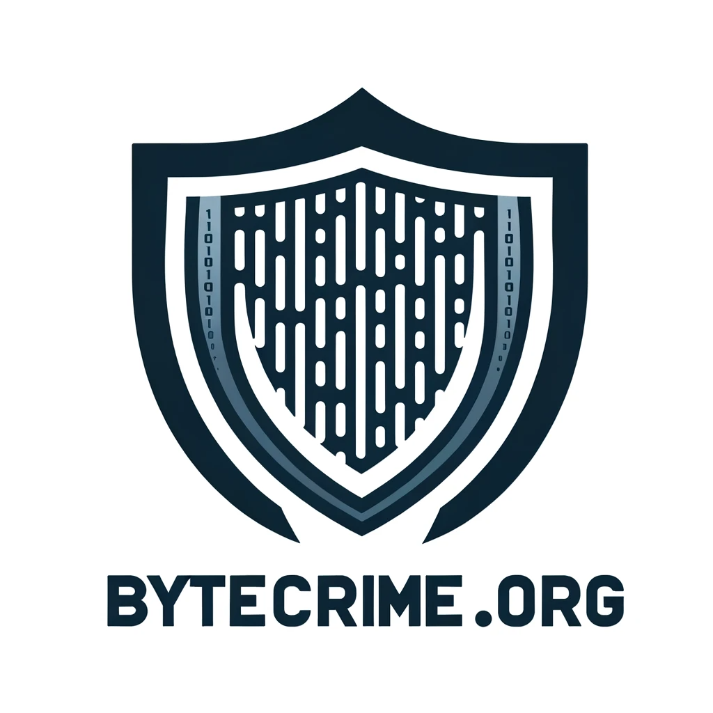 Logo of bytecrime.org featuring a modern shield with a binary code pattern (0s and 1s) in the background. The shield symbolizes digital security and cyber protection. Colors are primarily blue and grey. Below the shield, the text 'bytecrime.org' is written in a clean, modern font.